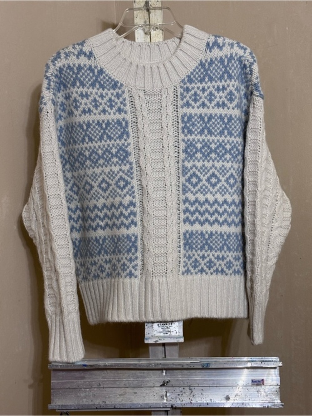 Lou & Grey Fair Isle Cable Knit Sweater - Blue & Whisper White - XS